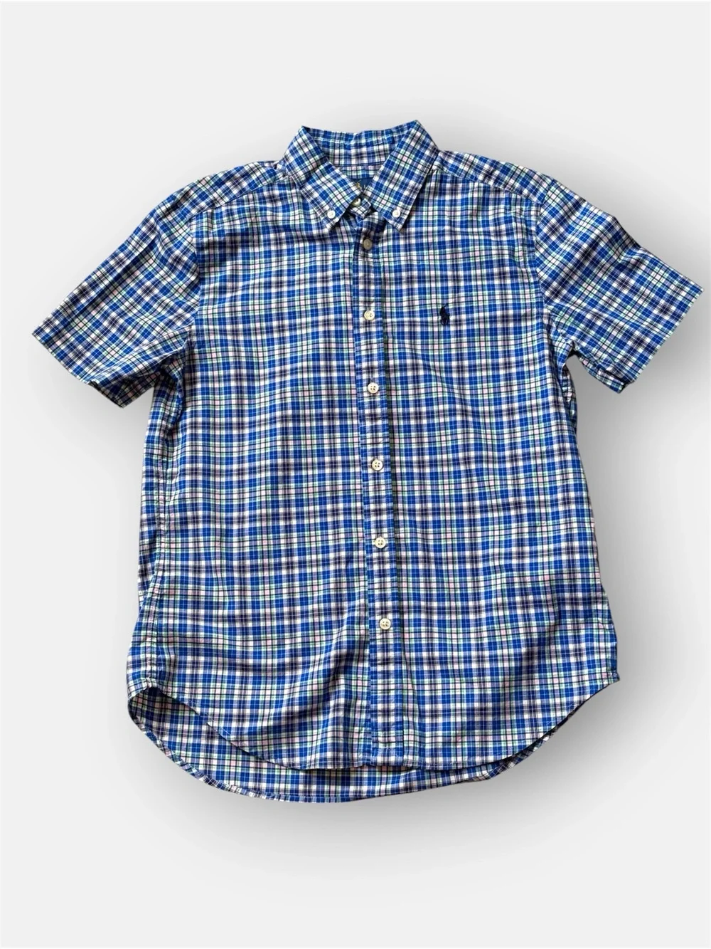 Ralph Lauren Boys L 14-16 Blue Green Plaid Short Sleeve Shirt Natural Stretch